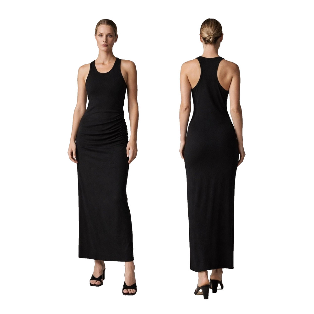 James Perse Body Con Maxi Dress Size 1 S Black Sleeveless Ruched Racerback